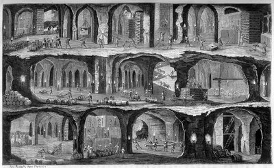 Ansicht der unterirdischen Arbeiten in den Salzminen von Wieliska, Galizien. In „Die Wunder der Industrie“ von Louis Figuier. von Unknown artist