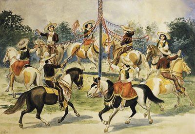 Vintage-Poster von Reitern, die Bänder um einen Maibaum wickeln von Unknown Artist