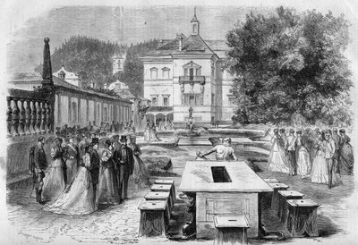 Besuch von Kaiser Franz Joseph und Kaiserin Elisabeth von Österreich mit Eugénie, Kaiserin der Franzosen, und Napoleon III. in der kaiserlichen Residenz von Hellbrunn in Österreich am 21. August. von Unknown artist