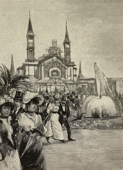 Besucher vor dem Sportgebäude bei den Vereinigten Ausstellungen, Mailand, Italien, Zeichnung von M Bianchini aus L