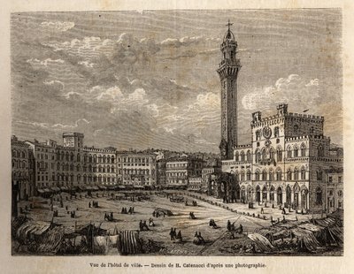 Ansicht des Rathausplatzes von Siena, Gravur zur Illustration einer Reise nach Siena (Italien) 1865, in „Le tour du monde, nouveau journal des voyages“ herausgegeben von Edouard Charton von Unknown artist
