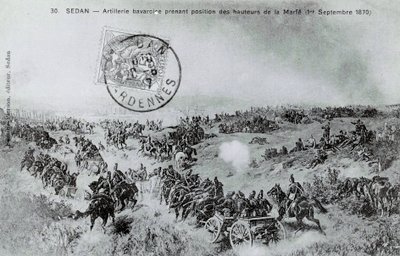 Krieg von 1870: Bayerische Artillerie nimmt Stellung von den Höhen der Marfe in den Ardennen am 01.09.1870. Gravur von 1870 von Unknown artist