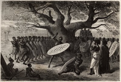 Kriegerische Übungen der Landines oder Kaffern-Zulus, eine Sena (Region des Sambesi-Flusses, Mosambik). Gravur zur Illustration von Dr. Livingstones ersten Reisen nach Südafrika von 1840 bis 1856, in „Le tour du monde, nouveau journal des voyages“, herausg von Unknown artist