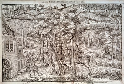 Religionskriege 1562-1598: Ermordung von Francois I. von Lothringen (1519-1563), zweiter Herzog von Guise am 18.02.1563. Ein katholischer Führer, er wurde vom Calvinisten Jean de Poltrot de Mere ermordet. Gravur aus dem 16. Jahrhundert von Unknown artist