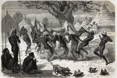 Willkommenstanz der Frauen des Stammes, bei der Rückkehr von Baker und seiner Frau vom Albertsee (Albert Nyanza). Gravur zur Illustration der Reise zum Albertsee, in den Jahren 1861-1864, von Sir Samuel White Baker, in „Le tour du monde, nouveau journal de von Unknown artist