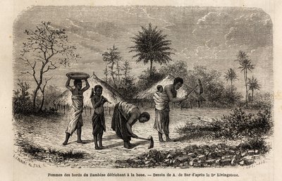 Frauen von den Ufern des Zambezi roden mit einer Hacke und führen Kinder in die landwirtschaftliche Arbeit ein. Gravur zur Illustration von Dr. Livingstones ersten Reisen nach Südafrika von 1840 bis 1856, in „Le tour du monde, nouveau journal des voyages“  von Unknown artist