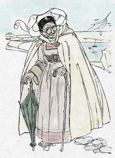 Erster Weltkrieg: ein deutscher Spion verkleidet als alte Frau aus der Vendée, mit einem Regenschirm-Teleskop und einem Stock, der Fotos macht von Unknown Artist