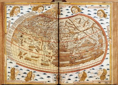 Weltkarte von Claudius Ptolemäus. Die menschlichen Köpfe, die Luft blasen, stellen die verschiedenen Winde dar (deren Namen angegeben sind). In „Lateinische Geographie. Beatissimo Patri Paulo Secundo Pontifici Maximo. Donis Nicolaus“. Geographisches Manusk von Unknown artist