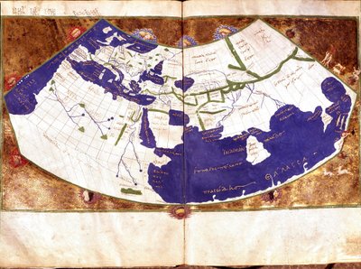 Weltkarte von Claudius Ptolemäus (Claude Ptolemée, 90-168 n. Chr.), griechischer Astronom und Astrologe - Darstellung der flachen Erde ohne Nord- und Südpol und ohne amerikanische Kontinente - 15. Jahrhundert Manuskript - Venedig, Biblioteca Marciana von Unknown artist