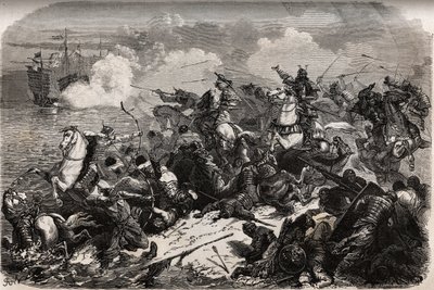 Yori Omo und eine Samurai-Armee wehren die Invasion der Mongolen im Jahr 1274 unter der Führung von Qubilai (Kubilai Khan, erster Kaiser der mongolischen Yuan-Dynastie (1215-1294)) ab, aber Taifune (kami kaze: Wind der Götter) wehren und kentern die mongol von Unknown artist