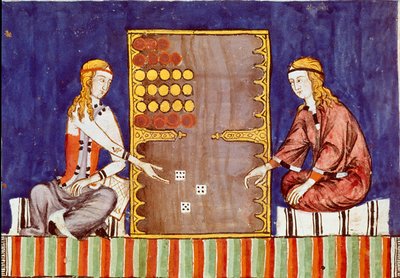 Junge Frauen spielen Tric Trac, Vorläufer von Backgammon - Miniatur aus dem Manuskript „Libro de los juegos“ von Alfons X. dem Weisen von Unknown artist