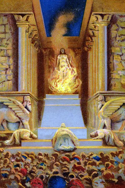 Zarathustra stirbt im Tempel, umgeben von Flammen. Chromolithographie des 19. Jahrhunderts von Unknown artist