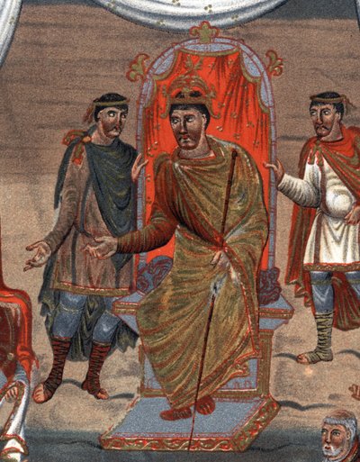(Detail) Karl II. der Kahle, König von Frankreich, empfängt eine Delegation von Mönchen aus Tours. Faksimile in Chromolithographie des 19. Jahrhunderts nach einer Miniatur des 10. Jahrhunderts von Unknown artist