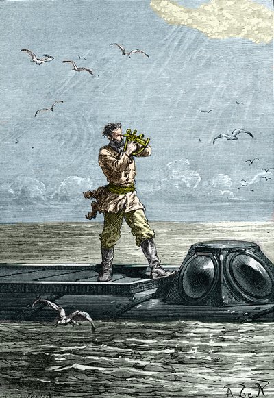 20.000 Meilen unter dem Meer. Kapitän Nemo auf dem U-Boot „Nautilus“. Illustration aus dem Roman von Jules Verne „Zwanzigtausend Meilen unter dem Meer“ von Unknown artist