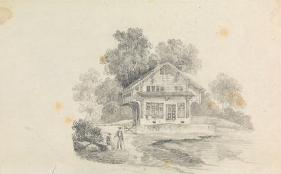 Ein Chalet mit zwei Figuren im Vordergrund von Unknown artist