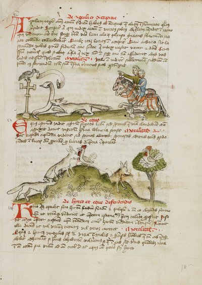 Ein Fuchs bedroht einen Vogel auf einem Wegkreuz und zwei Reiter zeigen auf die Szene; Ein Fuchs rennt und fängt eine Henne; Eine Henne in einem Baum über einem Fuchs von Unknown artist