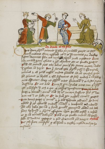 Ein Mann steht vor einer gekrönten Frau auf dem Thron und zwei Frauen im Gespräch von Unknown artist