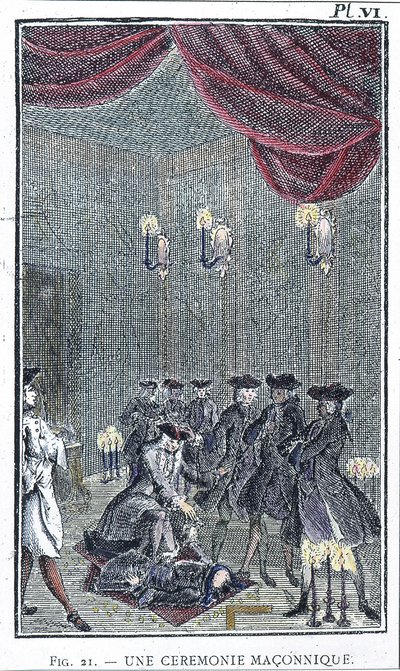 Eine Freimaurerzeremonie - basierend auf einem Stich aus der Sammlung „Orden der verratenen Freimaurer“ von Pater Perau von Unknown artist