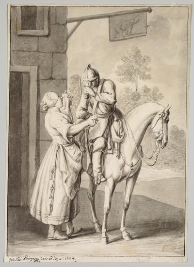 Ein Soldat in Rüstung vor einer Taverne von Unknown artist