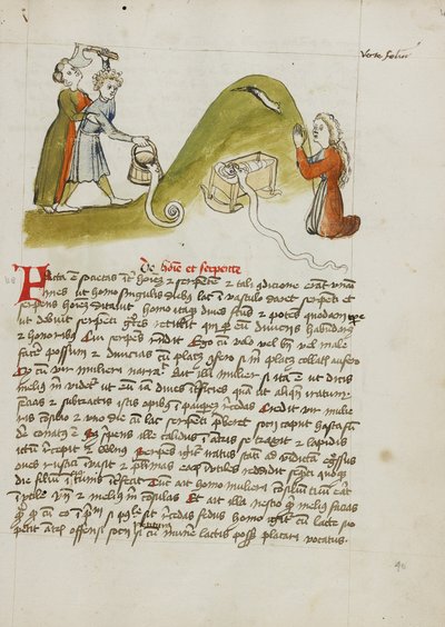 Eine betende Frau und eine Schlange auf einem nahegelegenen Hügel; Ein Mann versucht, eine Schlange mit einer Axt zu töten von Unknown artist