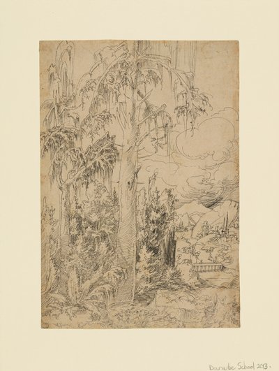 Waldlandschaft mit einer Stadt hinter einer Brücke und fernen Bergen von Unknown artist
