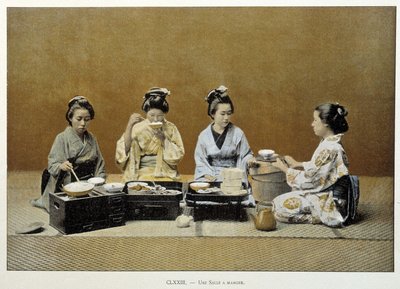 Ein Speisesaal in Japan: Frauen essen Reis mit Essstäbchen und eine von ihnen serviert Tee - n.d. Ende 19. Jahrhundert von Unknown artist