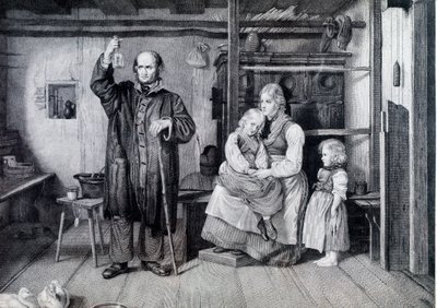 Ein Arzt untersucht eine Flasche, wahrscheinlich eine Urinflasche, während eines Besuchs bei einer Mutter und ihren zwei Kindern, die in Armut leben (Gravur) von Unknown artist