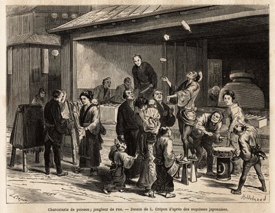 Eine lebhafte Szene einer Straße in Edo (Tokio), mit einem reisenden Jongleur vor einem Fischladen und einem billigen Stoffverkäufer. Gravur zur Illustration der Reise nach Japan, von Aime Humbert, Minister der Schweizerischen Eidgenossenschaft, 1863-1864, von Unknown artist