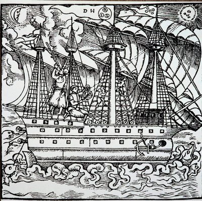 Ein Navigator auf einer portugiesischen Karavelle benutzt ein Astrolabium. Gravur aus den Reisegeschichten des deutschen Navigators Hans Staden (1525-1579) von Unknown artist