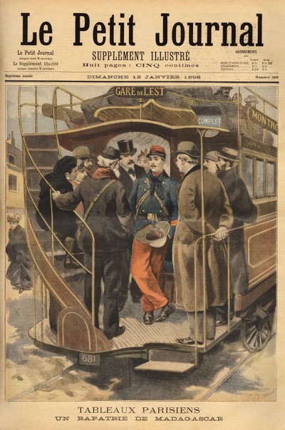 Ein Rückkehrer aus Madagaskar auf der Plattform des Omnibusses, umgeben von der bewundernden Menge. Gravur in „Le petit journal“ 26/01/1896. Sammlung Selva. von Unknown artist