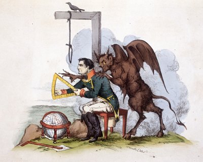 Eine Szene auf der Insel Elba: Napoleon vor einem Galgen mit dem Teufel - in „Napoleon 1., Karikaturen, Dummysammlung“, ca. 1814 von Unknown artist
