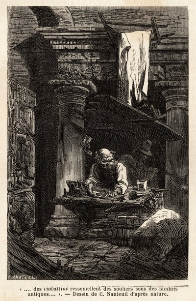 Ein Schuster, der seine Werkstatt in antiken Ruinen eingerichtet hat. Gravur zur Illustration der Reise nach Rom, von Francis Wey, 1864-1868, veröffentlicht in „Le tour du monde“, 1869, herausgegeben von Edouard Charton, Hachette, Paris. Selva-Sammlung. von Unknown artist
