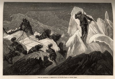 Ein Schlitten und seine Besatzung, verloren in den Hummocks, zerrissene Eisblöcke, die die Oberfläche des Packeises beleben. Illustration der Reise zum freien Meer des Arktischen Pols, von Dr. Hayes, Chirurg der US-Marine, 1860-1862, veröffentlicht in "Le  von Unknown artist