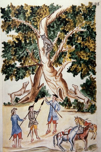 Eine Wildkatze sitzt auf einem Baum, Jäger warten auf sie, aus dem Buch „Trujillo del Peru“ oder „Códice Martínez Compañón“, von Baltazar Martínez Compañón y Bujanda, Bischof von Trujillo (1782-1785) von Unknown artist