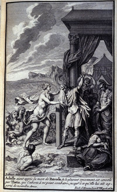 Achilles, der vom Tod des Patroklos gehört hat und bitterlich um ihn weint, wird von Thetis getröstet, die ihn ermahnt, nicht zu kämpfen, bis sie ihm neue Waffen bringt. Illustration für Buch XVIII der Ilias von Homer, französische Ausgabe von Unknown artist