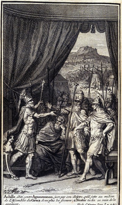 Achilles, wütend auf Agamemnon, schwört bei seinem Zepter, den Griechen nicht zu helfen; und Nestor versucht vergeblich, sie zu beruhigen. Illustration für Buch I der Ilias von Homer, französische Ausgabe von Unknown artist