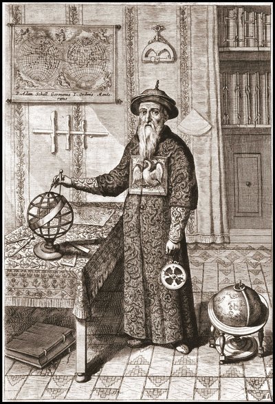 Adam Schall, Astronom (1592-1666) in Mandarin-Kostüm, mit Erd- und Himmelsgloben und Astrolabium - in China von Athanase Kircher von Unknown artist