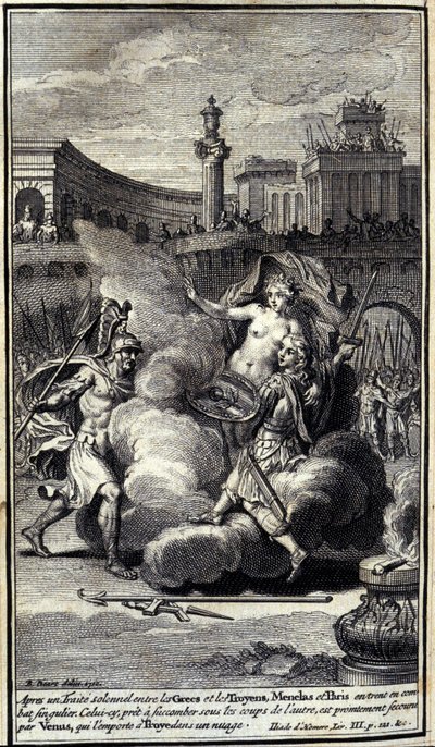 Nach einem feierlichen Abkommen zwischen den Griechen und den Trojanern traten Menelaos und Paris in einen Einzelkampf. Dieser, bereit unter den Schlägen des anderen zu erliegen, wird von Venus gerettet, die ihn in einer Wolke nach Troja bringt. Illustrati von Unknown artist
