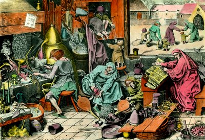 Alchemielabor Ein Alchemist konsultiert ein Grimoire. Gravur des 16. Jahrhunderts Private Sammlung von Unknown artist
