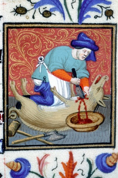 Allegorische Darstellung des Dezember. Ein Metzger tötet ein Schwein. Miniatur eines Manuskripts aus dem 14. Jahrhundert. von Unknown artist