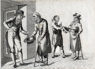 Amone. Bettler, die Hüte ausstrecken, um Münzen zu sammeln. Gravur Ende des 18. Jahrhunderts. Private Sammlung von Unknown artist
