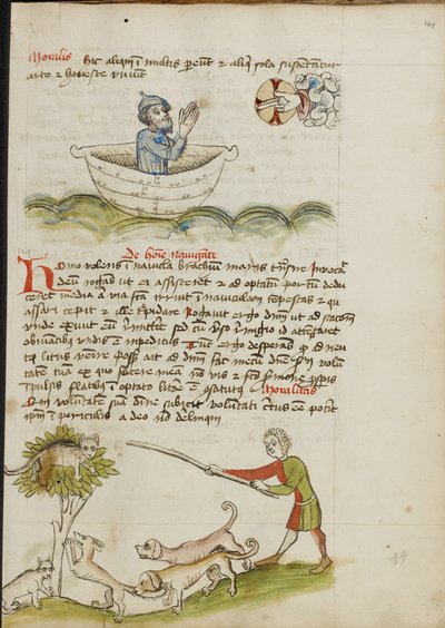 Ein älterer Mann im Gebet in einem Boot; Eine Katze in einem Baum, unter dem ein Fuchs ist von Unknown artist