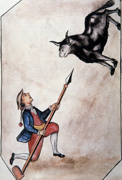 Ein Indianer zeigt mit seinem Speer auf einen Stier, aus dem Buch "Trujillo del Peru" oder "Códice Martínez Compañón", von Baltazar Martinez Compañón y Bujanda, Bischof von Trujillo (1782-1785) von Unknown artist