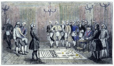 Eine Lehrlingsloge in Paris, um 1740: Diese Szene zeigt die Aufnahme eines „Lehrlings“ Freimaurers (auf dem Boden das Gemälde der Lehrlingsloge) - nach einer Gravur der Zeit. von Unknown artist