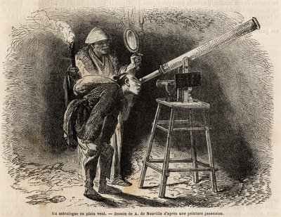 Ein Astrologe sucht den Himmel im Freien mit seinem Teleskop. Gravur zur Illustration der Reise nach Japan, 1863-1864, von Aime Humbert, Minister der Schweizerischen Eidgenossenschaft, in "Le tour du monde, nouveau journal des voyages" von Unknown artist