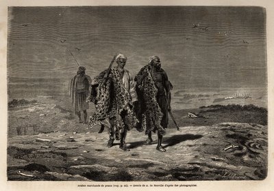 Arabische Beduinen, Pantherfelle und Schafwollhändler, auf dem Weg zum Markt von Bagdad (Irak). Gravur zur Illustration der Reise nach Babylon, 1866, von Guillaume Lejean, in „Le tour du monde, nouveau journal des voyages“ veröffentlicht unter der Leitung  von Unknown artist