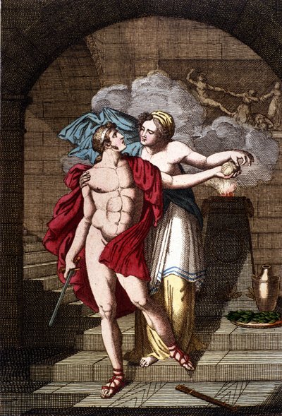 Arianne gibt Theseus den Faden, damit er aus dem Labyrinth herausfinden kann - in Dizionario mitologico von Unknown artist