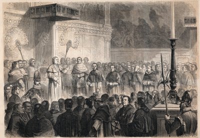 Audienz von Papst Pius IX. (Pio) (1792-1878) für ausländische Geistliche in der Sixtinischen Kapelle (Cappella Sistina) in Rom anlässlich der Feierlichkeiten zur Heiligsprechung der 26 „Märtyrer von Japan“, einer Gruppe von Katholiken, die 1597 in Japan ge von Unknown artist