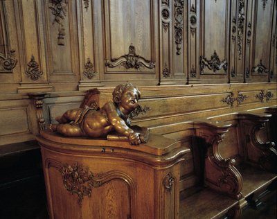 Barockarchitektur: Holzstall, der einen Engel darstellt, Attribut des Evangelisten Matthäus. Chor (18. Jahrhundert) der Kirche St. Stephan. Innenansicht. Marmoutier, Bas-Rhin (67). von Unknown artist