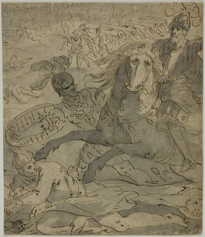 Kampfszene mit angreifendem General zu Pferd im Vordergrund, Artillerie und Kanonen im Hintergrund von Unknown artist